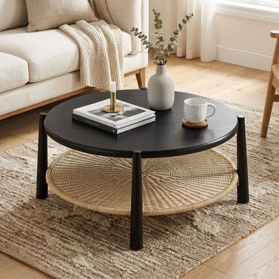 Dayalane 34.5" Round Coffee Table with Woven Storage Shelf, Farmhouse 2-Tier Center Table with Solid Wood Frame, Boho Coastal Circle Coffee Table for Living Room Office, Black