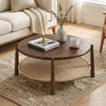 thumbnail image 1 of Dayalane 34.5" Round Coffee Table with Woven Storage Shelf, Farmhouse 2-Tier Center Table with Solid Wood Frame, Boho Coastal Circle Coffee Table for Living Room Office, Walnut Brown, 1 of 11
