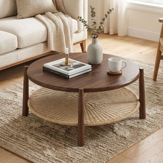 Dayalane 34.5" Round Coffee Table with Woven Storage Shelf, Farmhouse 2-Tier Center Table with Solid Wood Frame, Boho Coastal Circle Coffee Table for Living Room Office, Walnut Brown