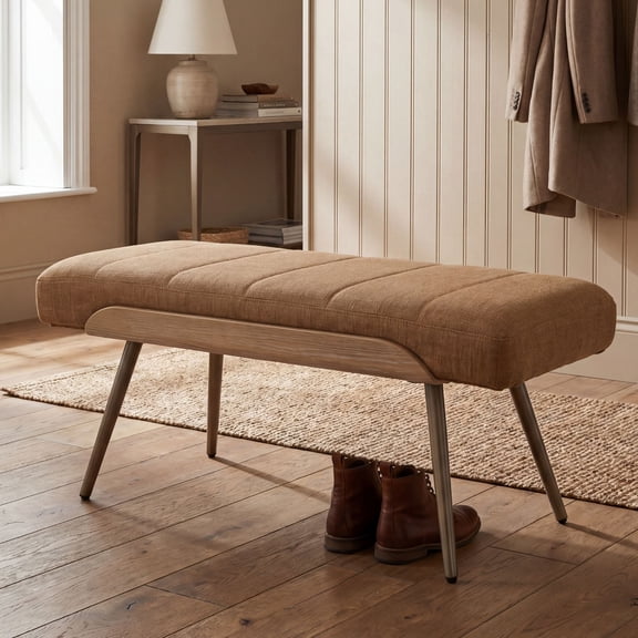 Dayalane 35.5" Mid-Century Modern Linen Upholstered Bench, Tufted Ottoman Accent Bench with Solid Wood Trim, Bronze Metal Legs for Entryway, End of Bed, Brown