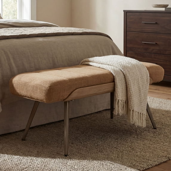 Dayalane 35.5" Mid-Century Modern Linen Upholstered Bench, Tufted Ottoman Accent Bench with Solid Wood Trim, Bronze Metal Legs for Entryway, End of Bed, Brown
