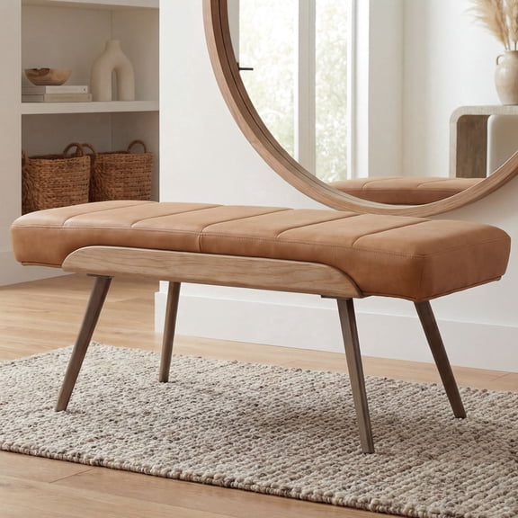 Dayalane 35.5" Mid-Century Modern PU Upholstered Bench, Tufted Ottoman Accent Bench with Solid Wood Trim, Bronze Metal Legs for Entryway, End of Bed, Brown