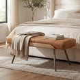 thumbnail image 1 of Dayalane 35.5" Mid-Century Modern PU Upholstered Bench, Tufted Ottoman Accent Bench with Solid Wood Trim, Bronze Metal Legs for Entryway, End of Bed, Brown, 1 of 12