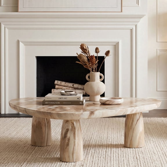 Dayalane 37.5" Modern Beige Triangle Coffee Table with Chunky Legs, Faux Marble Organic Center Table with Rounded Edges, Low-Profile Minimalist Accent Table for Living Room Apartment