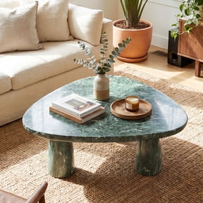 Dayalane 37.5" Modern Green Triangle Coffee Table with Chunky Legs, Faux Marble Organic Center Table with Rounded Edges, Low-Profile Minimalist Accent Table for Living Room Apartment