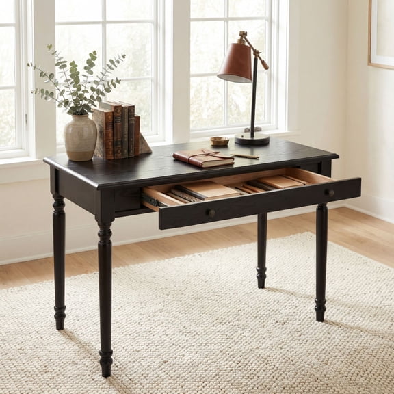 Dayalane 41.5" Farmhouse Wooden Writing Desk with Drawer, Antique Mid Century Solid Wood Console Table, Small Morden Desk for Make Up/Work Study/Gaming, Black