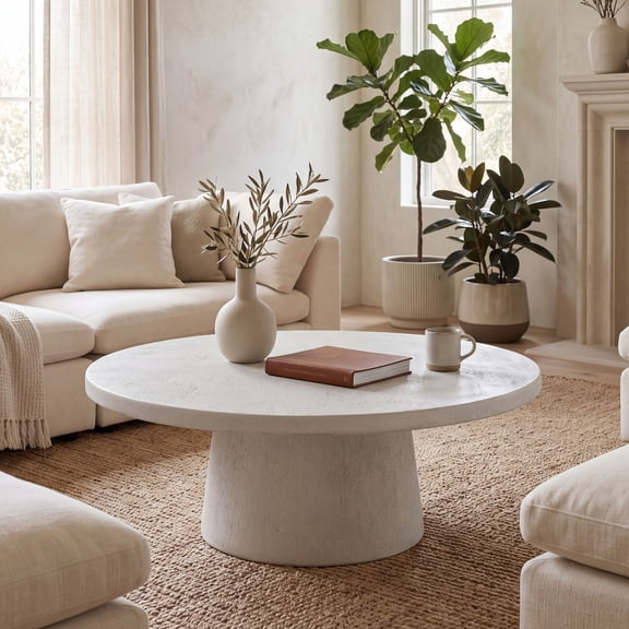 Dayalane 44" Round Concrete Look Coffee Table, Modern White Faux Stone Center Table with Pedestal Base, Indoor Outdoor Accent Table for Living Room, Patio