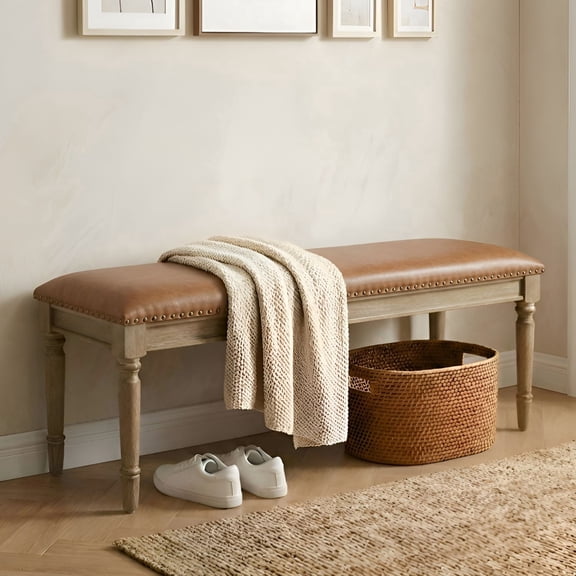 Dayalane 46'' French Country Wooden Entryway Bench, Faux Leather Upholstered Entryway Shoe Rack Bench with Nailhead Trim for Kitchen Bedroom Indoor and Hallway, Brown