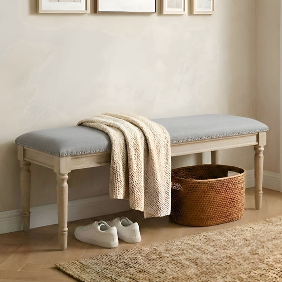 Dayalane 46'' French Country Wooden Entryway Bench, Linen Upholstered Entryway Shoe Rack Bench with Nailhead Trim for Kitchen Bedroom Indoor and Hallway, Grey