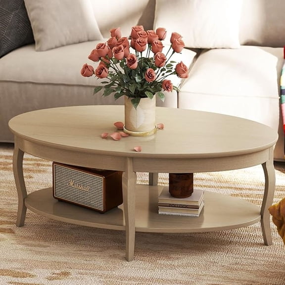 Dayalane 47" Antique Mid Century Oval Design Coffee Table, 2-Tier Storage Storage Shelf Center Table, Vintage Curved Solid Wood Legs Living Room Table for Living Room Bedroom Office, Antique White