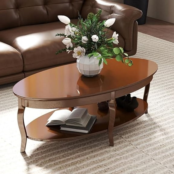 Dayalane 47" Antique Mid Century Oval Design Coffee Table, 2-Tier Storage Storage Shelf Center Table, Vintage Curved Solid Wood Legs Living Room Table for Living Room Bedroom Office, Brown Walnut