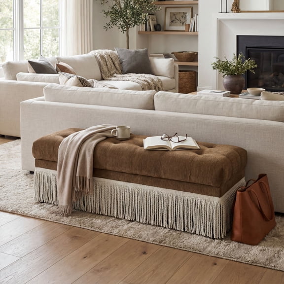 Dayalane 47" Brown Chenille Upholstered Bench for Bedroom End of Bed, Mid-Century Fringe Ottoman Footrest for Living Room, Entryway, Window Side Bench