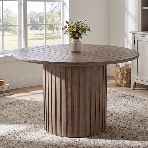 Dayalane 47" Farmhouse Round Dining Table, Reclaimed Pine Wood Kitchen Table with Heavy Duty Fluted Pedestal Base, 4-6 People Circle Dining Table for Kitchen Dining Room Restaurant, Dark Brown