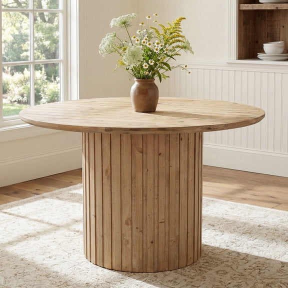 Dayalane 47" Farmhouse Round Dining Table, Reclaimed Pine Wood Kitchen Table with Heavy Duty Fluted Pedestal Base, 4-6 People Circle Dining Table for Kitchen Dining Room Restaurant, Natural