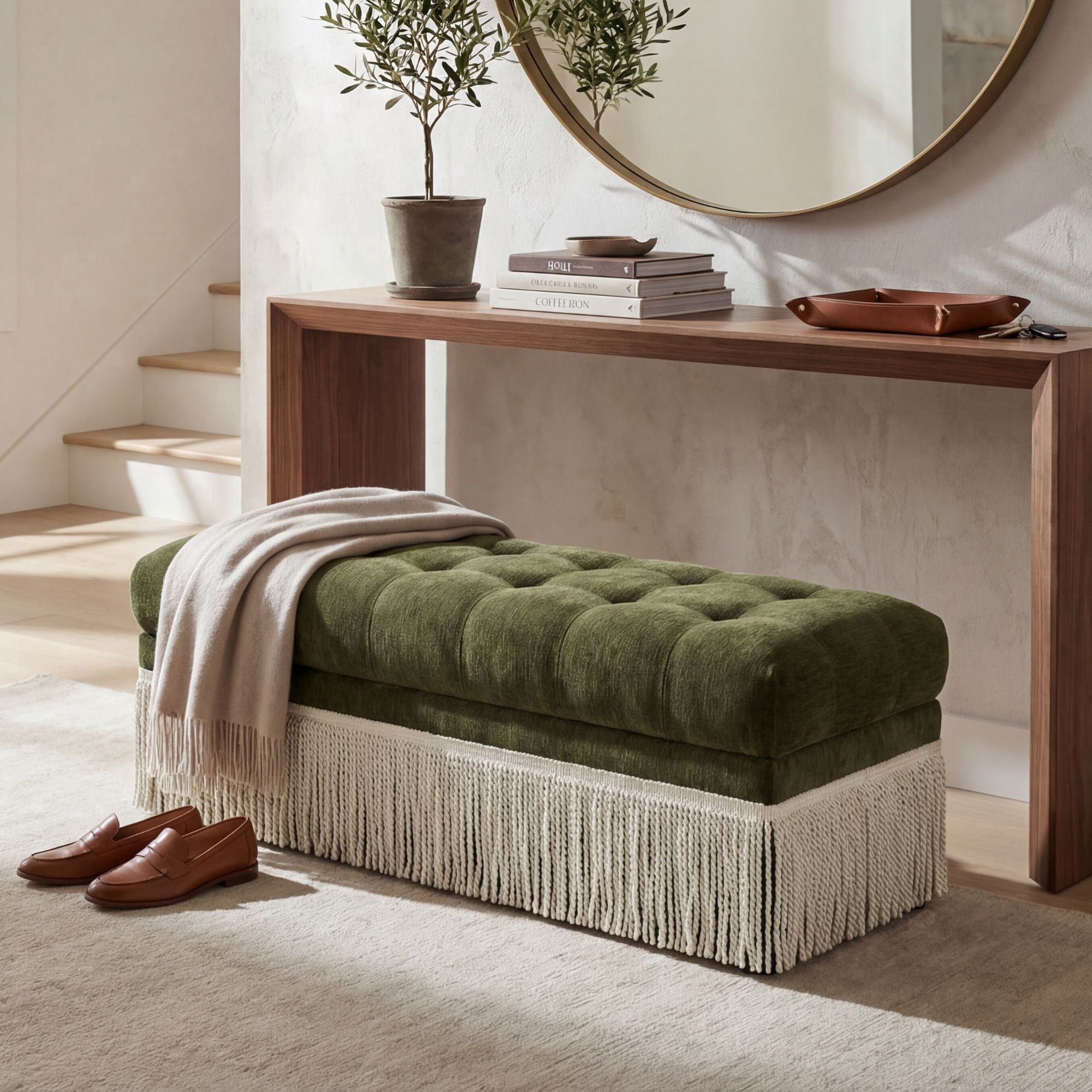 Dayalane 47" Green Chenille Upholstered Bench for Bedroom End of Bed, Mid-Century Fringe Ottoman Footrest for Living Room, Entryway, Window Side Bench