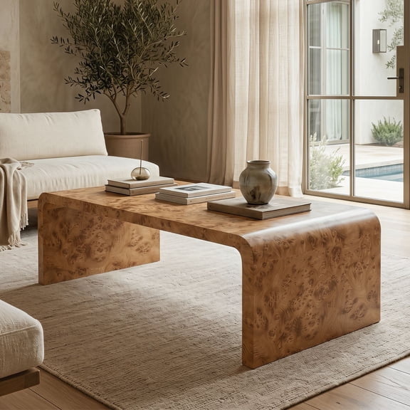 Dayalane 47" Mid Century Modern Rectangular Burl Wood Coffee Table, Minimalist Waterfall Center Table, Large Sofa Table with Rounded Edges for Living Room