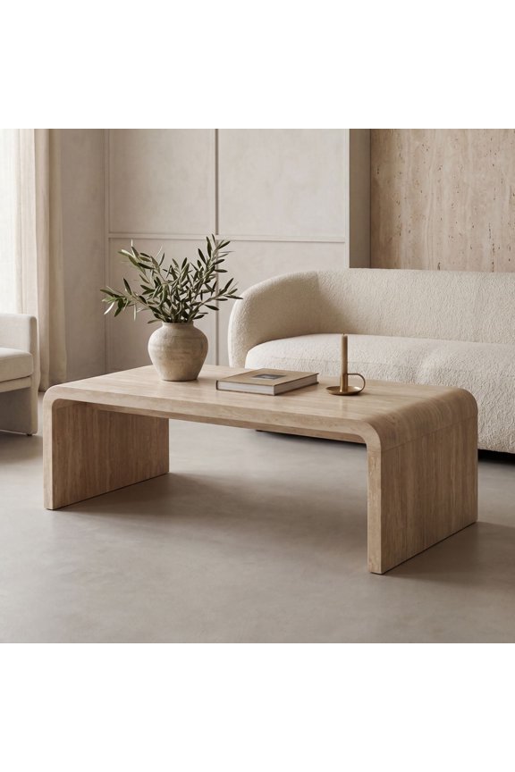 47" Mid Century Modern Rectangular Travertine Coffee Table, Minimalist Waterfall Center Table, Large Sofa Table with Rounded Edges for Living Room