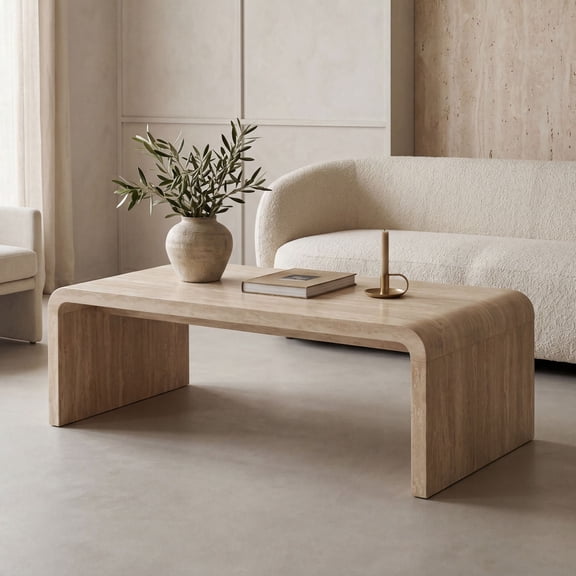 Dayalane 47" Mid Century Modern Rectangular Travertine Coffee Table, Minimalist Waterfall Center Table, Large Sofa Table with Rounded Edges for Living Room