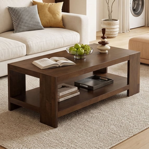 Dayalane 47" Modern Farmhouse Style Coffee Table, 2-Tier Storage Rectangular Center Table with Solid Pine Wood Legs, Thick Wooden Design Rectangular Living Room Table for Living Room Office, Walnut