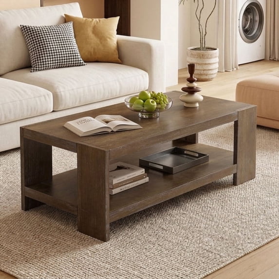 Dayalane 47" Modern Farmhouse Style Coffee Table, 2-Tier Storage Rectangular Center Table with Solid Pine Wood Legs, Thick Wooden Design Rectangular Living Room Table for Living Room Office, Brown