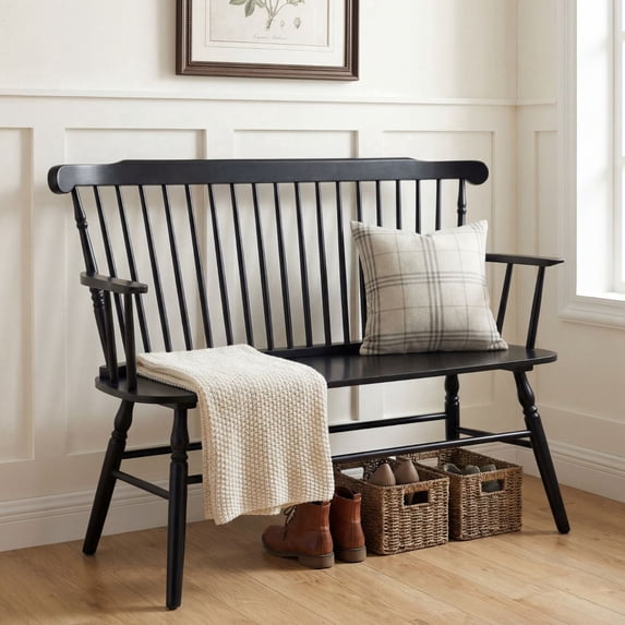 Dayalane 49 Inch Farmhouse Windsor Bench, Wooden Entryway Bench with Spindle High Back & Armrest, Rustic Vintage Dining Bench for Entryway Dining Balcony Bedroom End of Bed, Black