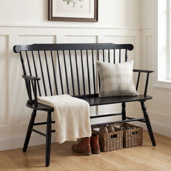 Dayalane 49 Inch Farmhouse Windsor Bench, Wooden Entryway Bench with Spindle High Back & Armrest, Rustic Vintage Dining Bench for Entryway Dining Balcony Bedroom End of Bed, Black