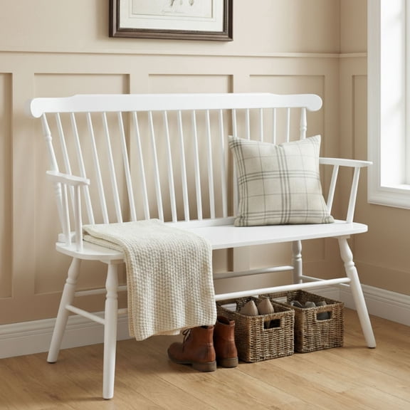 Dayalane 49 Inch Farmhouse Windsor Bench, Wooden Entryway Bench with Spindle High Back & Armrest, Rustic Vintage Dining Bench for Entryway Dining Balcony Bedroom End of Bed, White