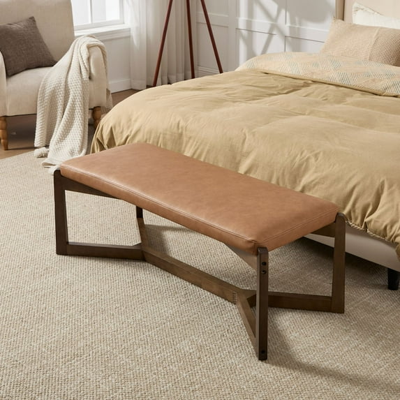 Dayalane 49" Mid Century Modern Entryway Bench, Upholstered PU Leather Ottoman with X-Shape Solid Wood Base for Bedroom, Living Room, Hallway, Indoor, Brown