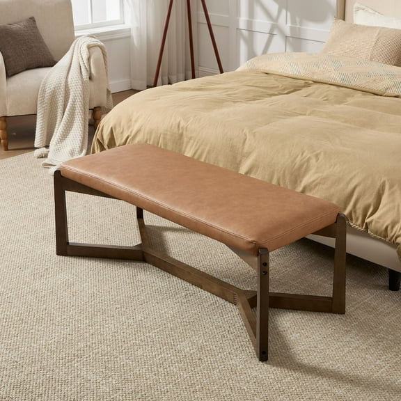 Dayalane 49" Mid Century Modern Entryway Bench, Upholstered PU Leather Ottoman with X-Shape Solid Wood Base for Bedroom, Living Room, Hallway, Indoor, Brown