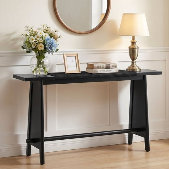 Dayalane 51" Farmhouse Narrow Console Table, Solid Rubberwood Construction Entryway Table with Woven Paper Cord Inlay Top, Rustic Hallway Accent Table for Foyer, Behind Sofa & Living Room, Black