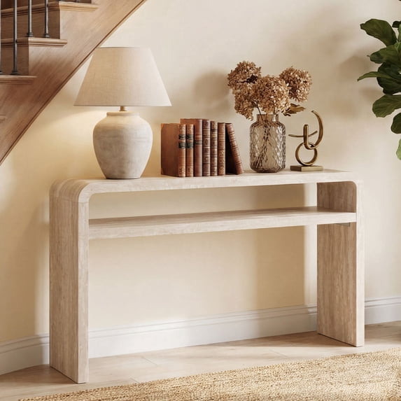 Dayalane 51" Long Console Table with Lower Shelf, 30" Tall Entryway Table for Hallway, Rustic Burl Wood or Travertine Style Sofa Table Behind Couch, Foyer, Cabin, Travertine Beige