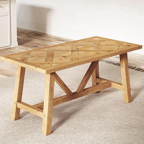 Dayalane 63“ Dining Table for 4 6 People, Farmhouse Country Style Solid Wood Pine Dining Room Table with Triangle Reinforced Base Rectangular,Grid Pattern Kitchen Table for Kitchen Dining, Natural