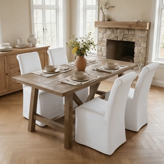 Dayalane 63" Farmhouse Dining Table Set for 4, Solid Wood Kitchen Table Set with Linen High Back Slipcovered Parsons Dining Chairs for Kitchen Dining Restaurant, 4 Beige Chairs & 1 Walnutl Table