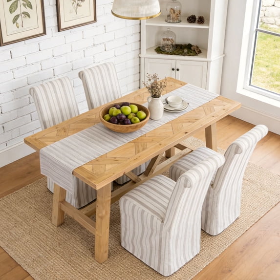 Dayalane 63" Farmhouse Dining Table Set for 4, Solid Wood Kitchen Table Set with Linen High Back Slipcovered Parsons Dining Chairs for Kitchen Dining Restaurant, 4 Stripe Chairs & 1 Natural Table