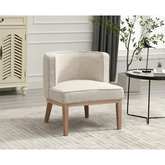 Dayalane Accent Chair, Mid-Century Modern Wooden Barrel Chair with Curved Back, Farmhouse Linen Upholstered Round Side Chair for Living Room Bedroom Bistro Waiting Room, Beige