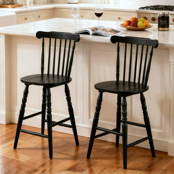 Dayalane Antique-style Windsor Bar Stools Set of 2, 24" Counter Height Barstools with Spindle Back & Turned Legs, Rustic Vintage Colonial Wooden Island chair for Kitchen Breakfast Bar Home Pub, Black