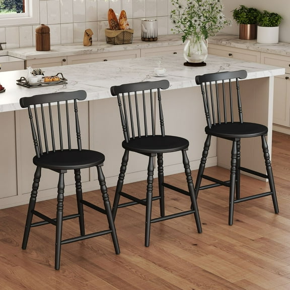 Dayalane Antique-style Windsor Bar Stools Set of 3, 24" Counter Height Barstools with Spindle Back & Turned Legs, Rustic Vintage Colonial Wooden Island chair for Kitchen Breakfast Bar Home Pub, Black