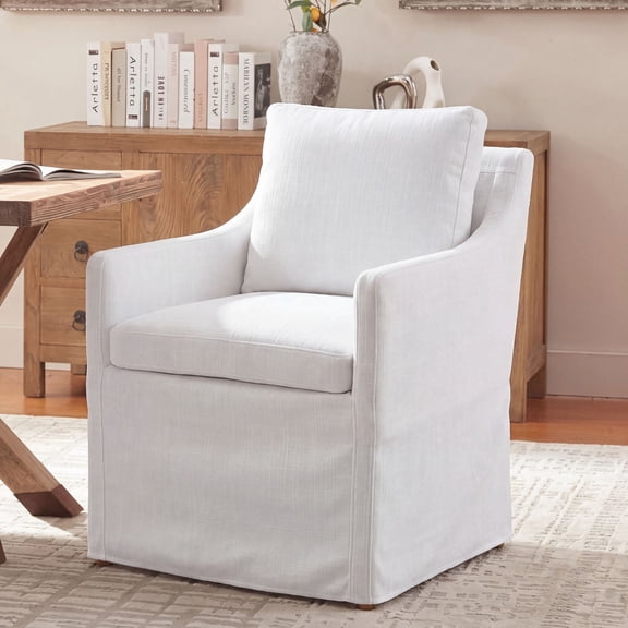 Dayalane Barrel Dining Chair, Modern Farmhouse Linen Fabric Upholstered Slipcovered Kitchen Chairs with Arms, Solid Wood Accent Side Chair Single Sofa for Living Dining Reading, Beige