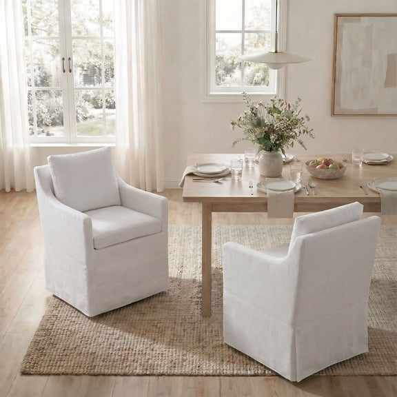 Dayalane Barrel Dining Chairs Set of 2, Modern Farmhouse Linen Fabric Upholstered Slipcovered Kitchen Chairs with Arms, Solid Wood Accent Side Chair for Living Dining Reading, Beige