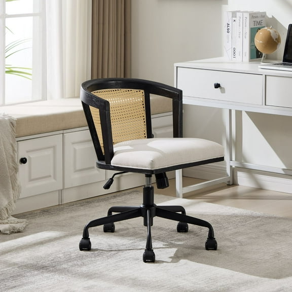 Dayalane Barrel Style 360 Swivel Office Chair with Rattan Back, Linen Fabric Upholstered Computer Desk Chair with Wheels , Adjustable Height Work Chair for Living Room Office Room, Black