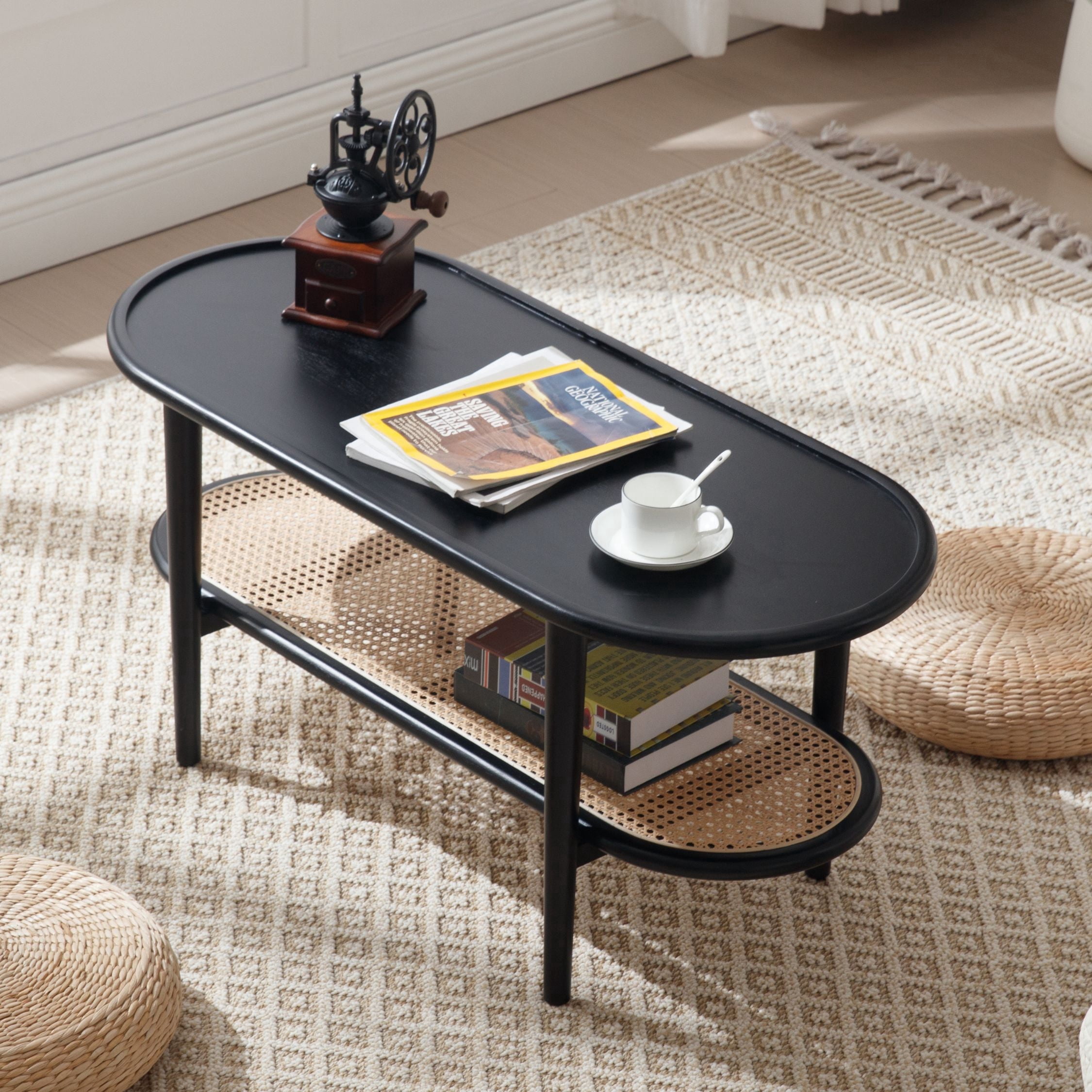 Dayalane Black Rattan Coffee Table,Mid-Century Modern 2-Tier Center Table with Storage Shelf Wooden Top for Living Room, Bedroom or Small Spaces