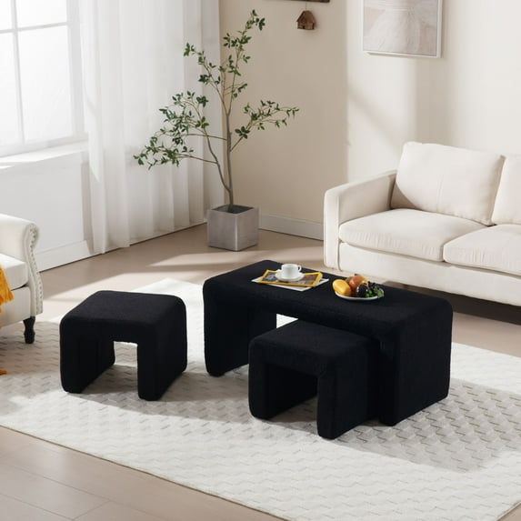 Dayalane Boucle Ottoman Bench Set of 3, Nesting Upholstered Vanity Bench with 2 Small Footrest Stools for Bedroom, Living Room, Entryway, Hallway,Black