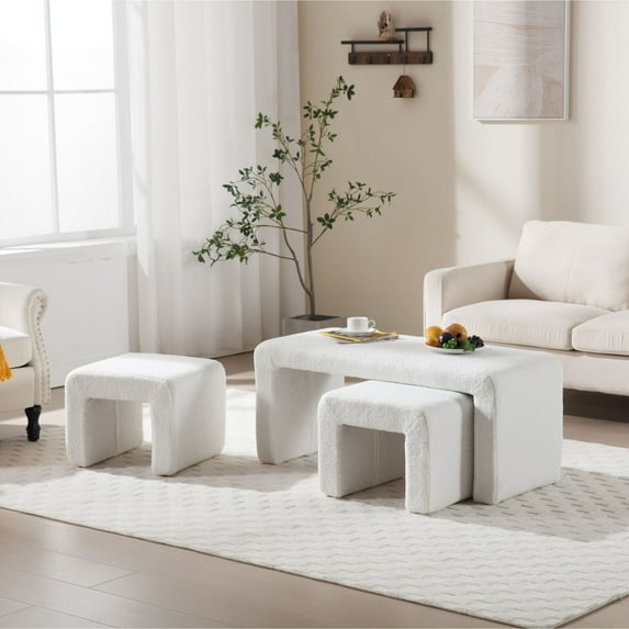 Dayalane Boucle Ottoman Bench Set of 3, Nesting Upholstered Vanity Bench with 2 Small Footrest Stools for Bedroom, Living Room, Entryway, Hallway,White