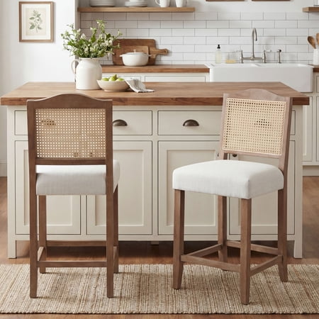 Dayalane Counter Height Bar Stools Set of 2, 26" Farmhouse Wooden Barstools with Rattan Back, Mid Century Modern Linen Upholstered Breakfast Bar Stool Chairs for Bar Kitchen Island Bistro, Beige