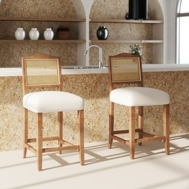 Dayalane Counter Height Bar Stools Set of 2, 26" Farmhouse Wooden Barstools with Rattan Back, Mid Century Modern Linen Upholstered Breakfast Bar Stool Chairs for Bar Kitchen Island Bistro, Beige
