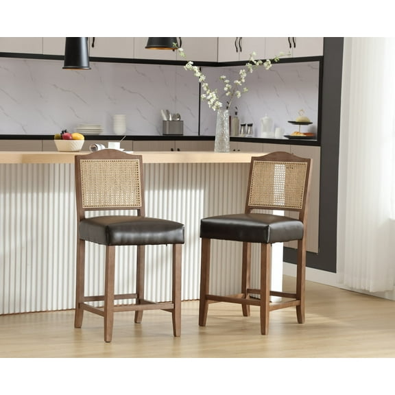 Dayalane Counter Height Bar Stools Set of 2, 26" Farmhouse Wooden Barstools with Rattan Back, Mid Century Modern PU Upholstered Breakfast Bar Stool Chairs for Bar Kitchen Island Bistro, Brown