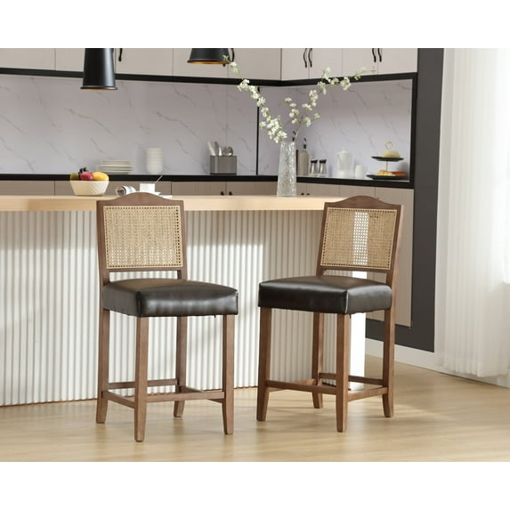 Dayalane Counter Height Bar Stools Set of 2, 26" Farmhouse Wooden Barstools with Rattan Back, Mid Century Modern PU Upholstered Breakfast Bar Stool Chairs for Bar Kitchen Island Bistro, Brown