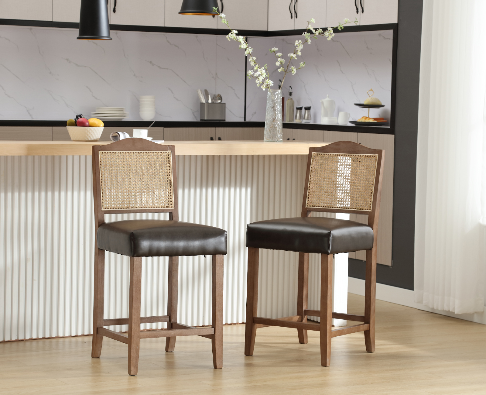 French Country Wooden Barstools Rattan Back with Upholstered Seating