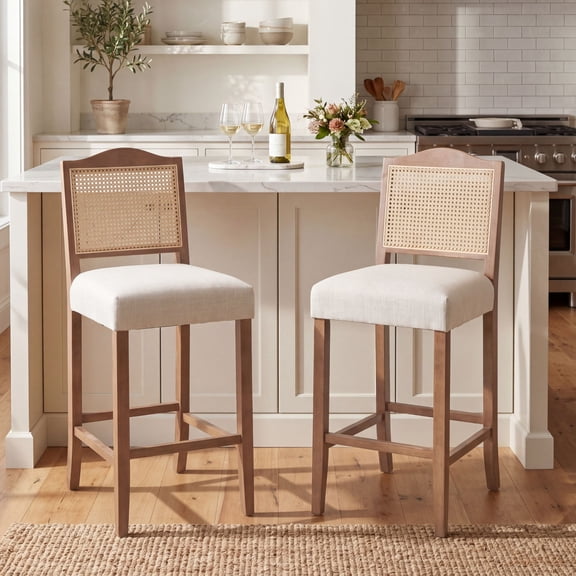 Dayalane Counter Height Bar Stools Set of 2, 30" Farmhouse Wooden Barstools with Rattan Back, Mid Century Modern Linen Upholstered Breakfast Bar Stool Chairs for Bar Kitchen Island Bistro, Beige