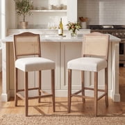 Dayalane Counter Height Bar Stools Set of 2, 30 Farmhouse Wooden Barstools with Rattan Back, Mid Century Modern Linen Upholstered Breakfast Bar Stool Chairs for Bar Kitchen Island Bistro, Beige